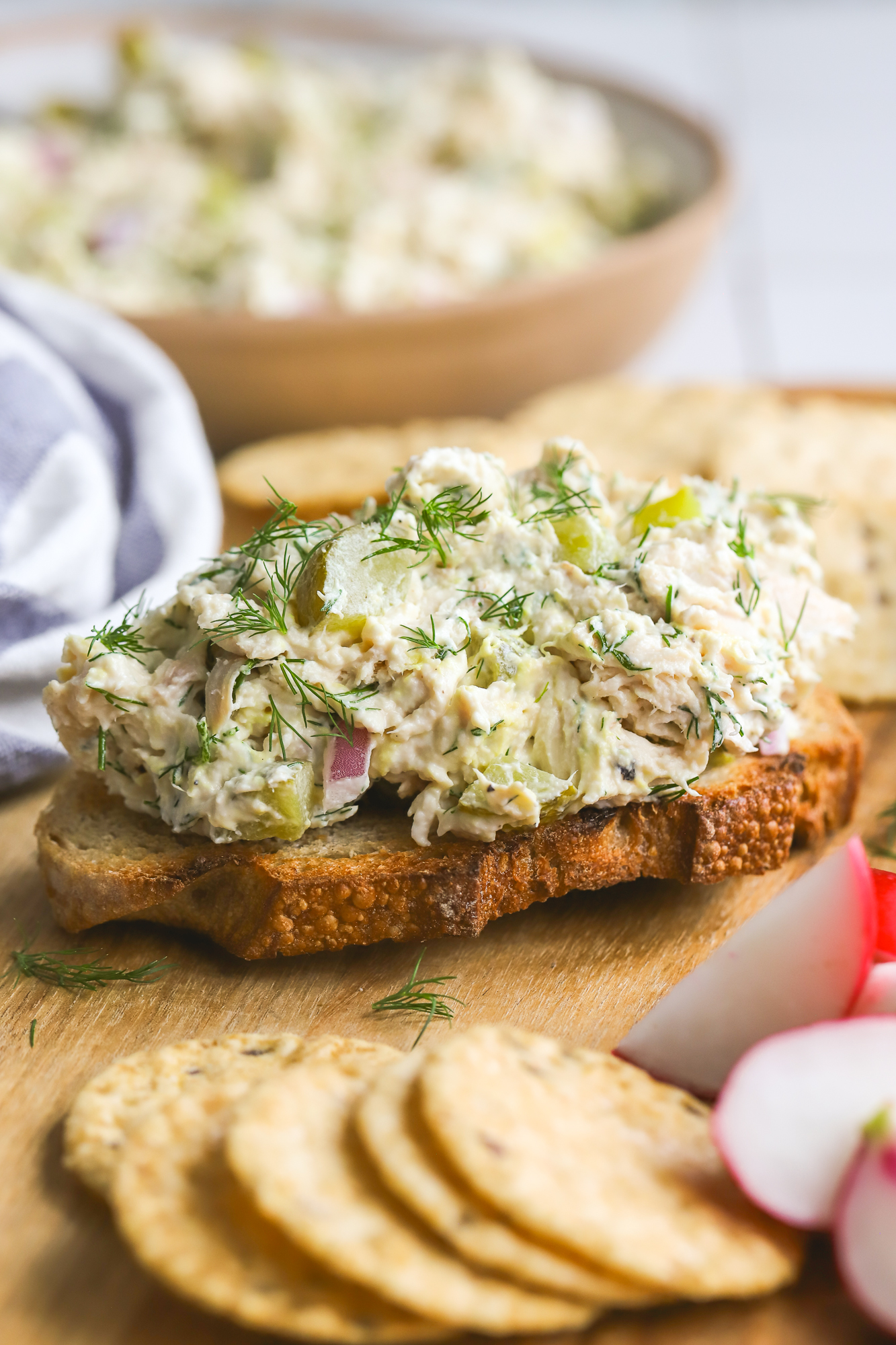 dill pickle chicken salad on toast