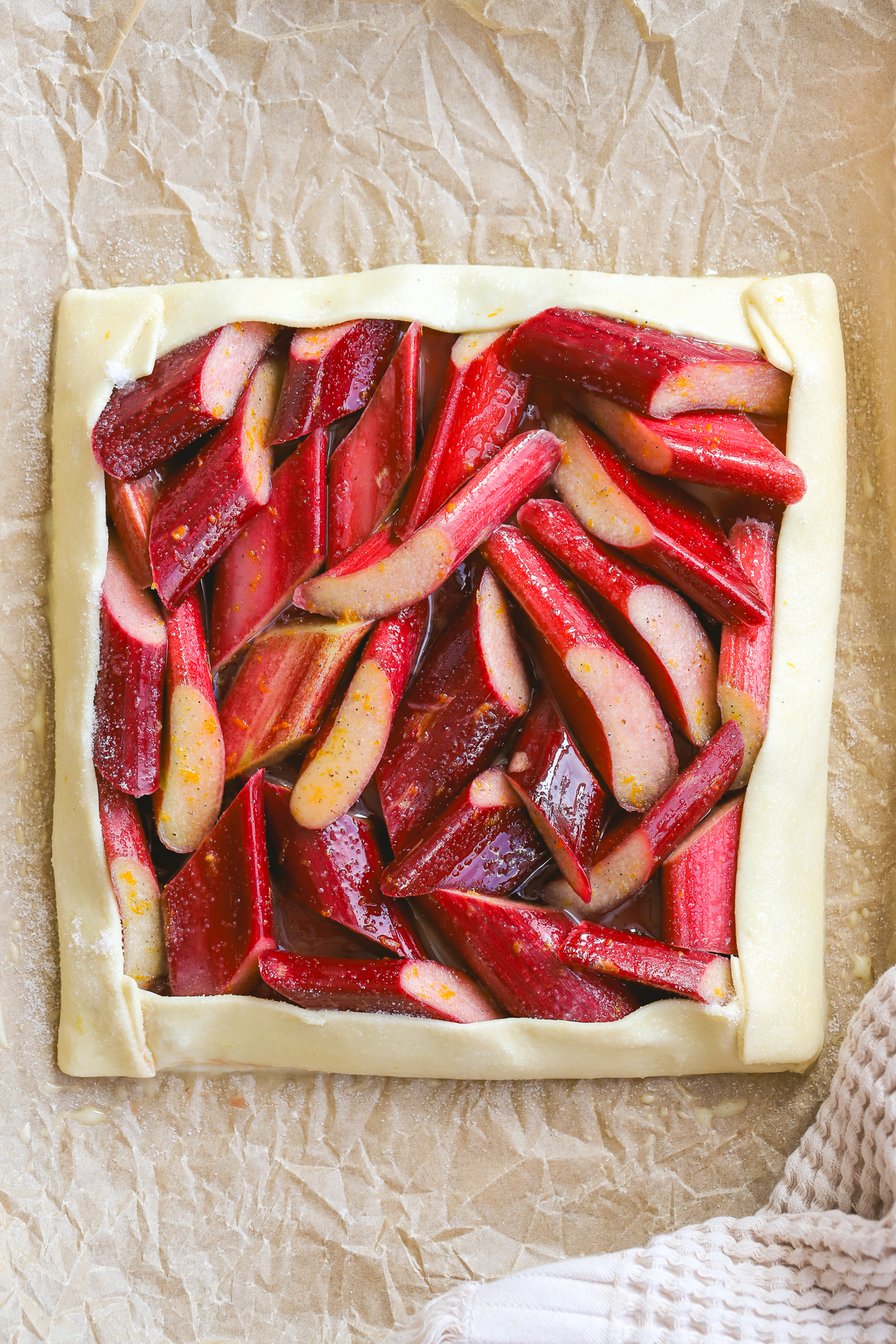 puff pastry rhubarb tart ready to go in the oven