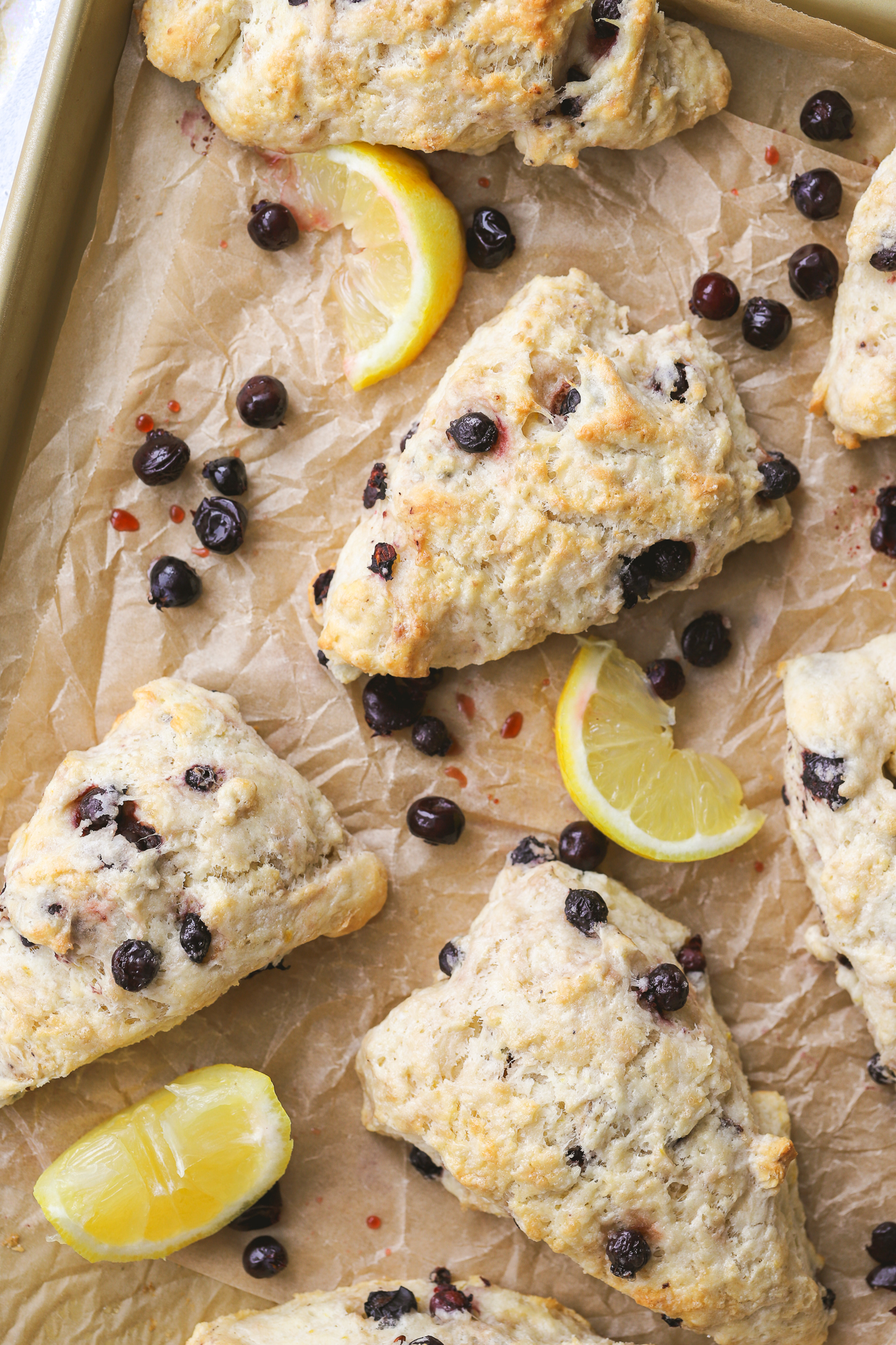 saskatoon berry scones on a baking sheet