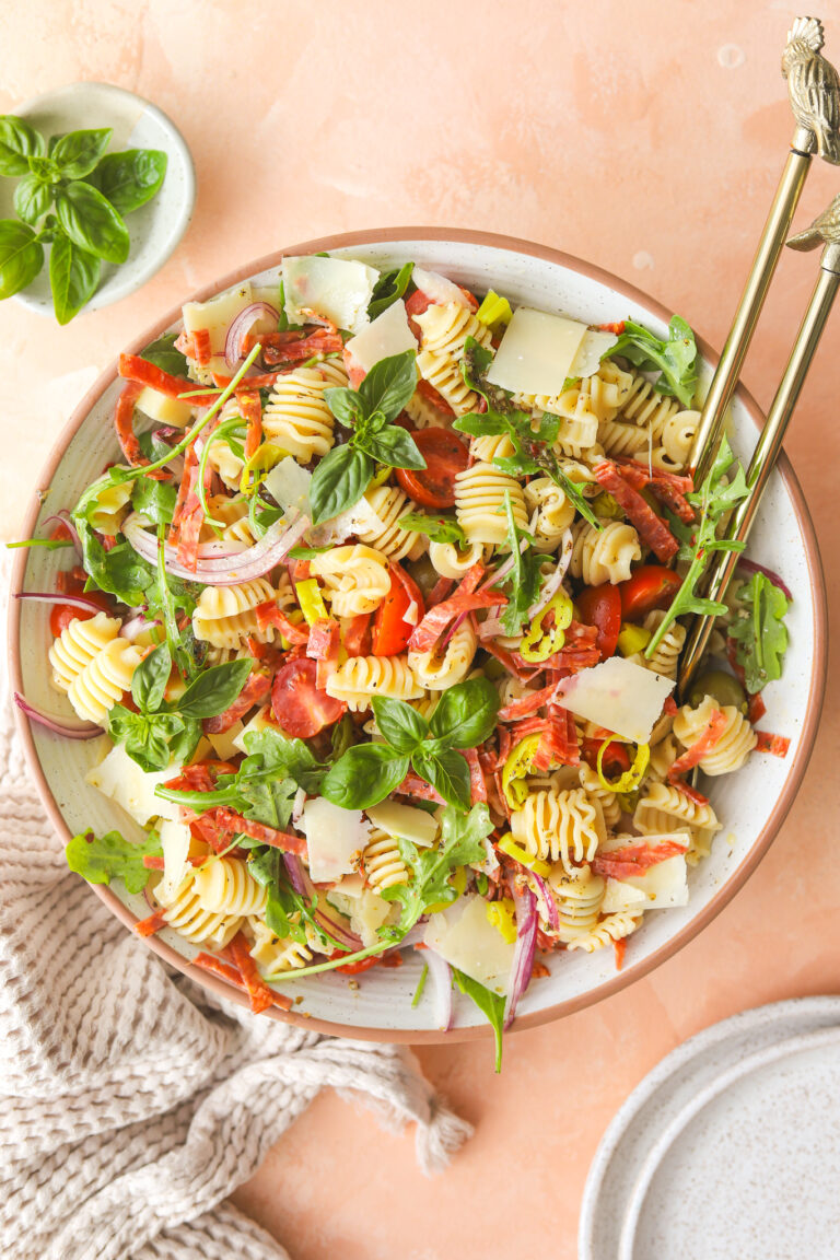 tossed summer pasta salad in a bolw