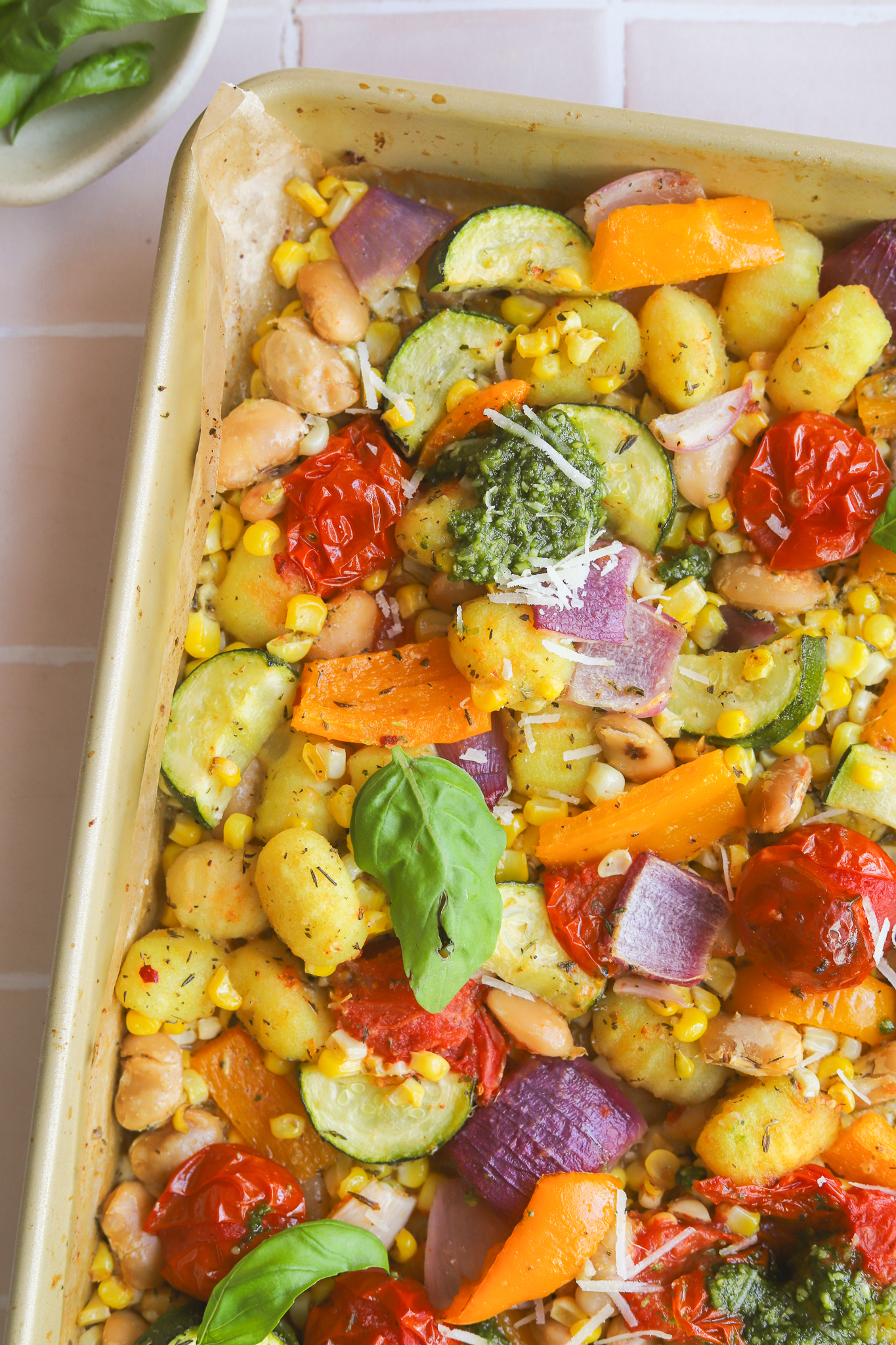summer sheet pan gnocchi with pesto