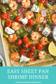 cooked shrimp and vegetables on a sheet pan