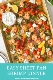 cooked shrimp and vegetables on a sheet pan