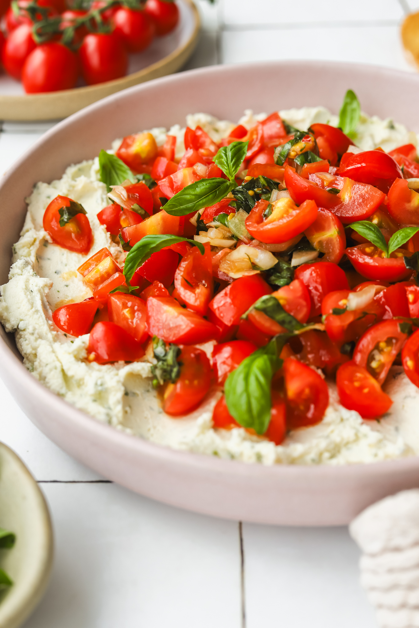 side angle of bruschetta dip