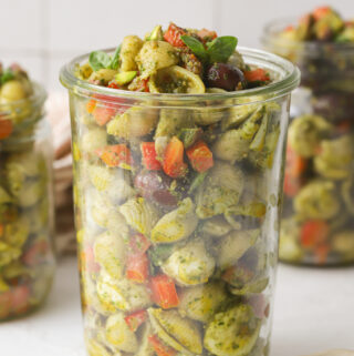 pasta salad in a large mason jar
