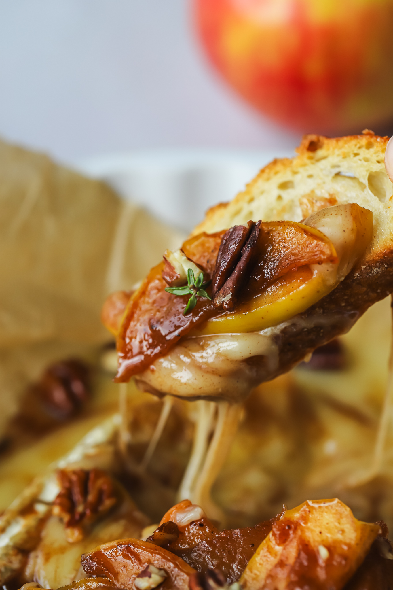 crostini dipped into baked brie with apples