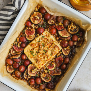 baked feta with figs in a baking dish