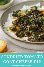 angled photo of marinated goat cheese dip