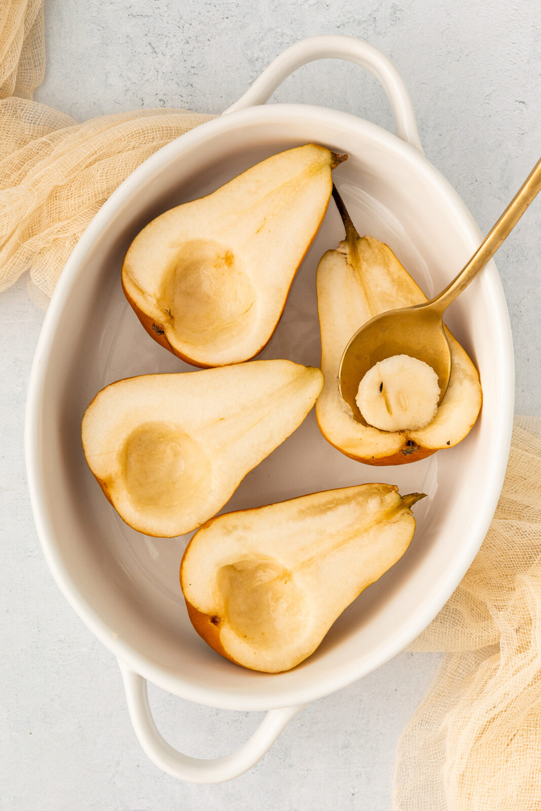 bosc pears in a baking dish