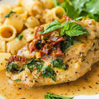 close up of sundried tomato chicken on a plate