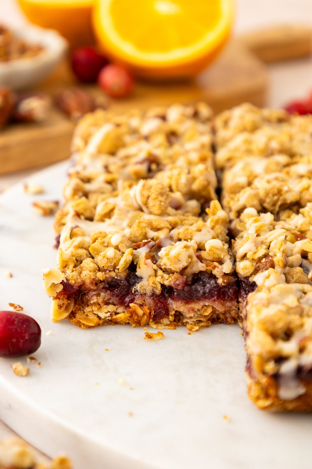 cranberry oat bars cut into squares