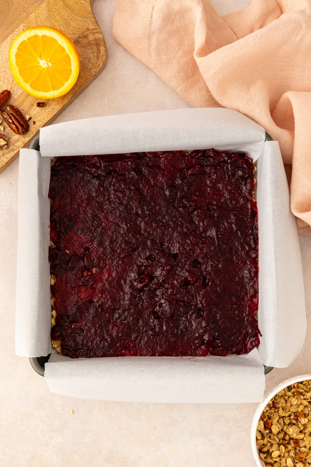 cranberry sauce layer in a baking pan