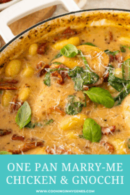 marry me chicken and gnocchi in a pan with fresh basil