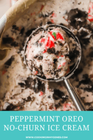 close up of peppermint Oreo ice cream in an ice cream scoop