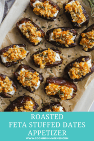 overhead shot of roasted feta stuffed dates topped with walnuts