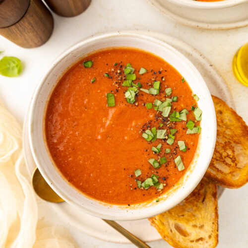 overhead photo of a bowl of tomato soup