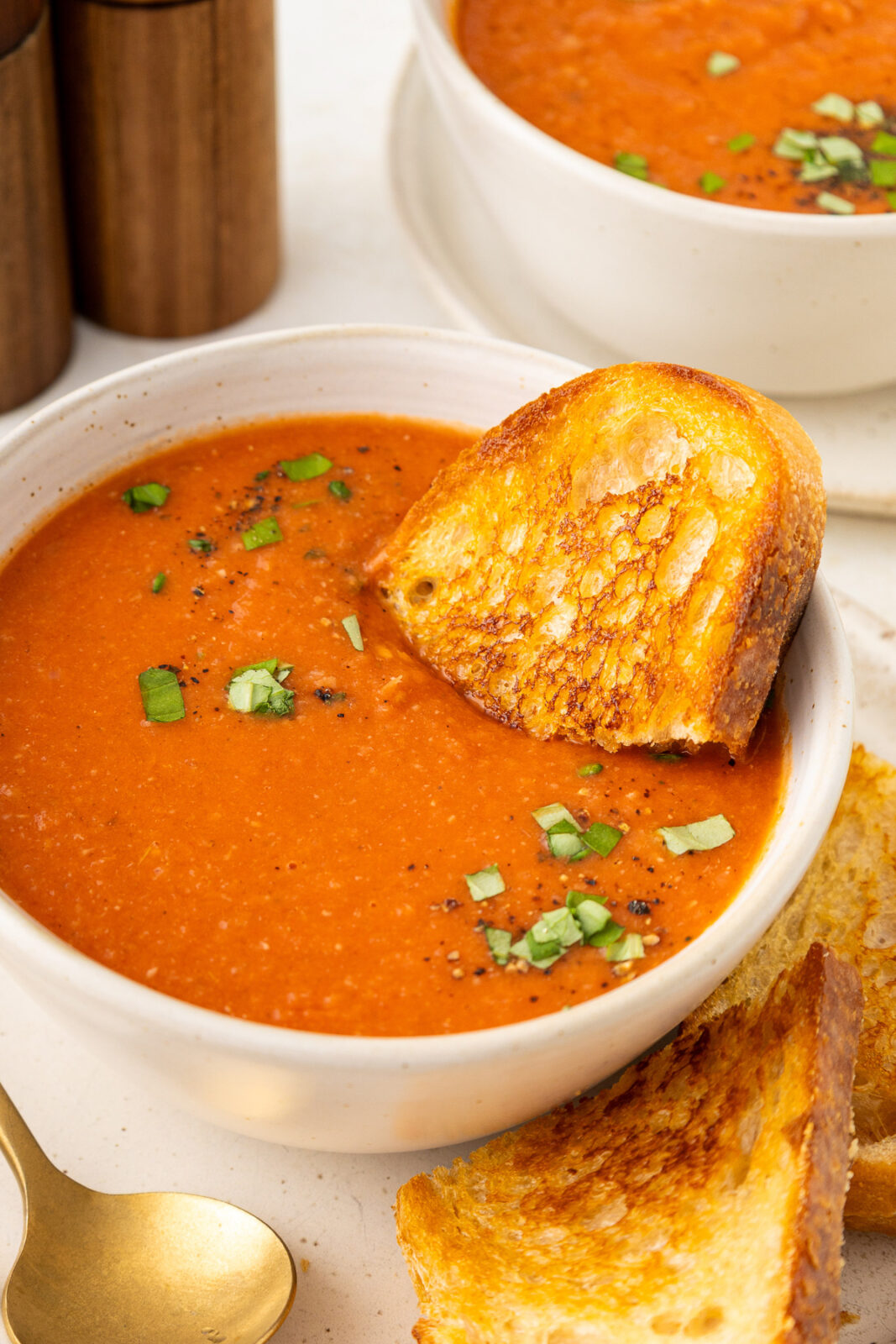 toast dipped into a bowl of tomato soup
