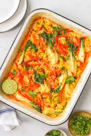 dump and bake ramen noodles and vegetables in a baking dish