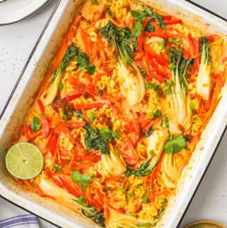 dump and bake ramen noodles and vegetables in a baking dish