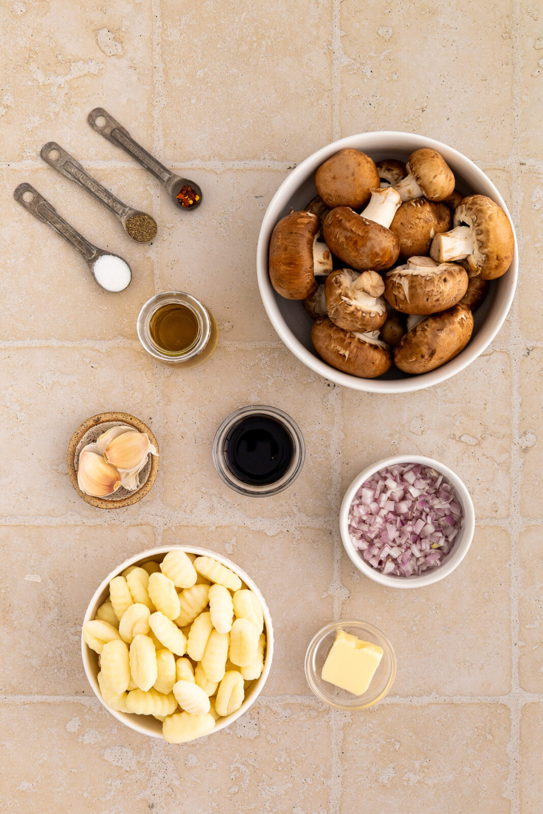 ingredients in bowls for mushroom gnocchi