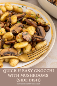 gnocchi and mushrooms side dish on a plate with a fork