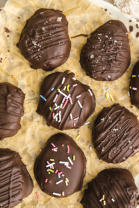 close up of decorated peanut butter chocolate covered Easter eggs