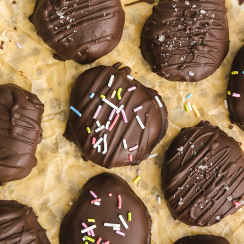 close up of decorated peanut butter chocolate covered Easter eggs