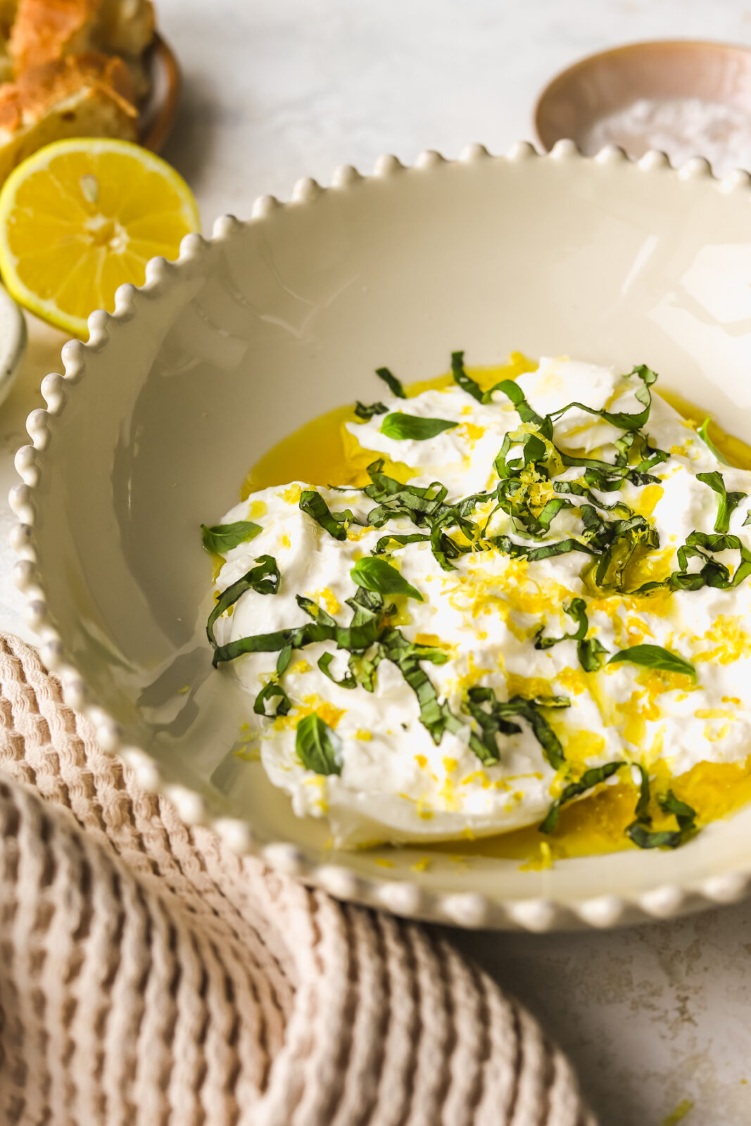 burrata with basil and lemon